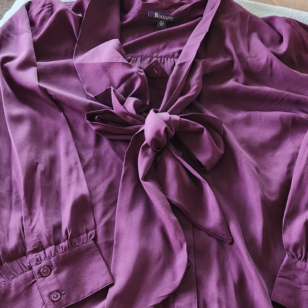 Roaman's Purple Tie Front Sailor Collar Blouse with 3/4 Sleeves